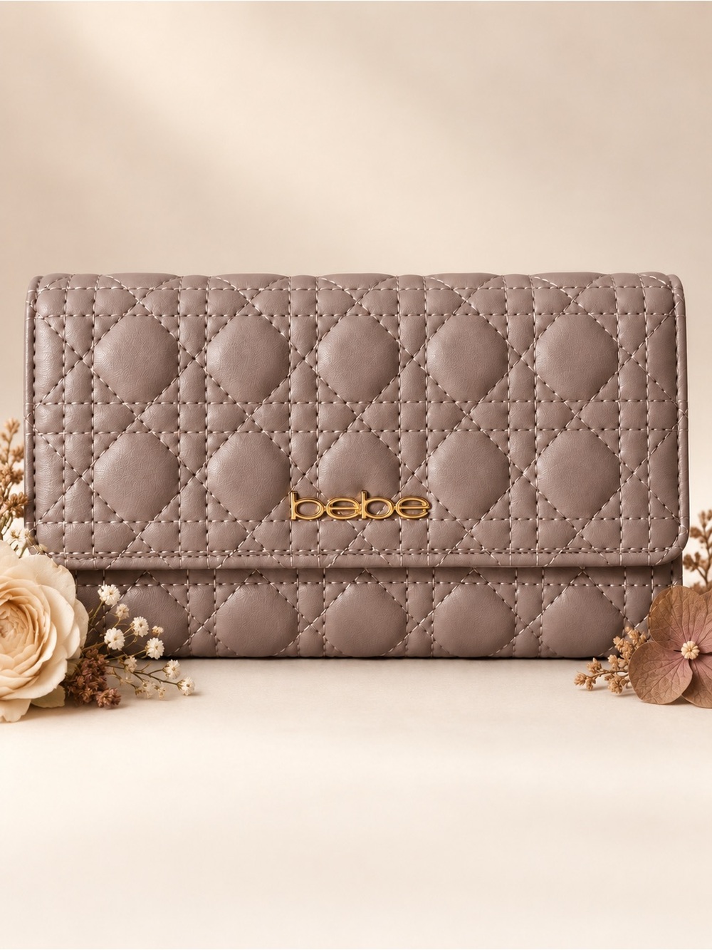 bebe Quilted Taupe Clutch Wallet with Gold Logo Accent